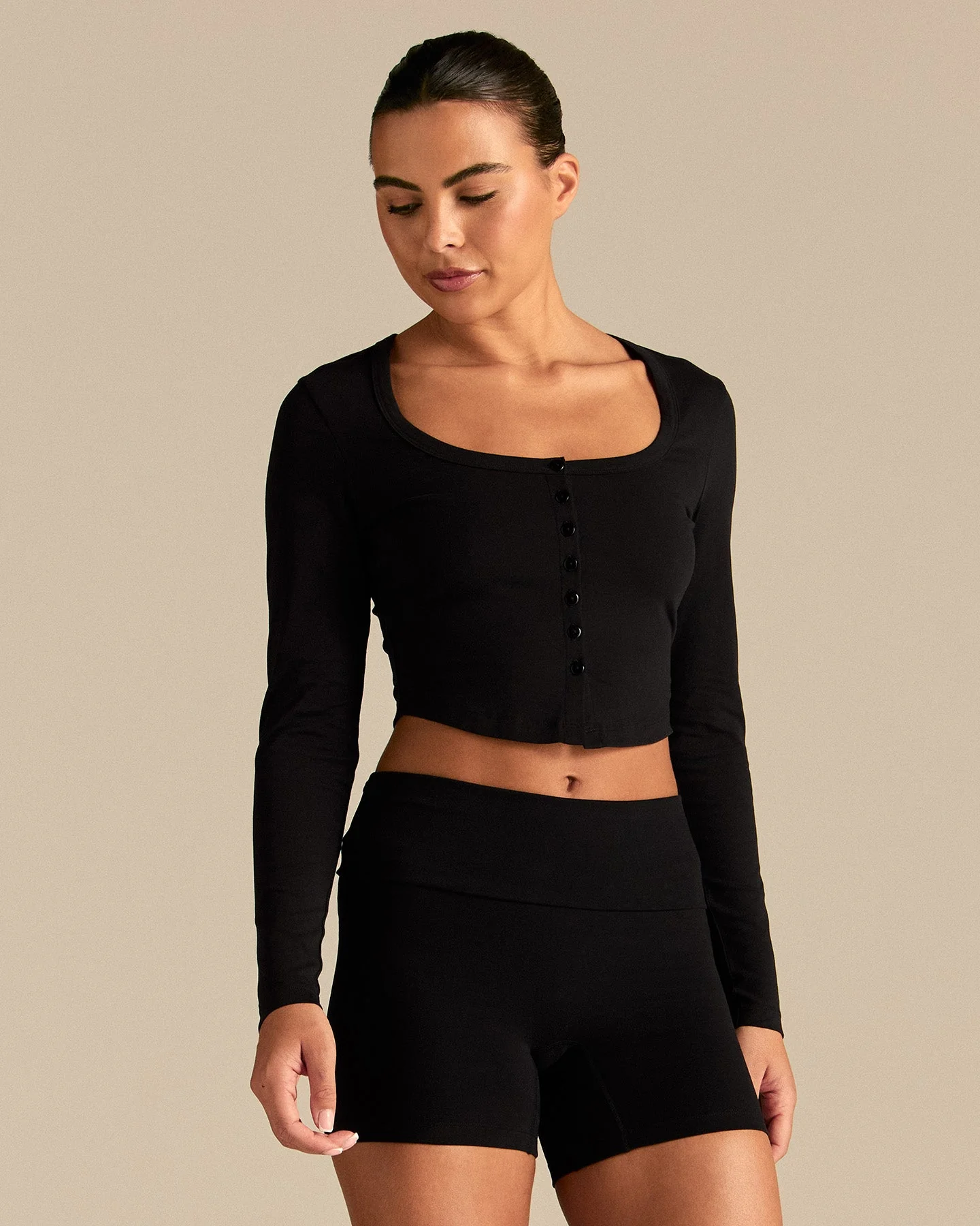 Cotton Contour Button Through Long Sleeve Top | Black