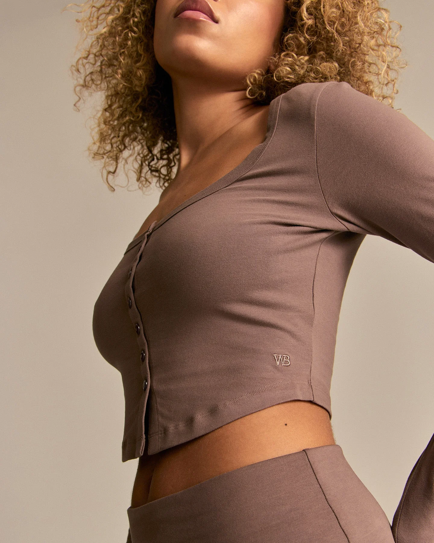 Cotton Contour Button Through Long Sleeve Top | Mocha - Image 3