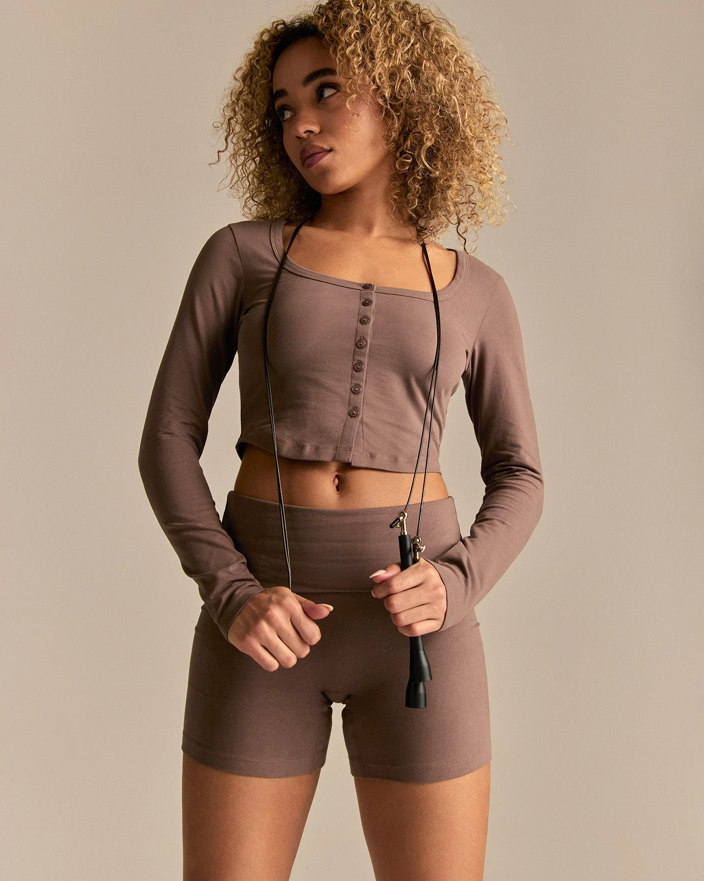 Cotton Contour Button Through Long Sleeve Top | Mocha - Image 6