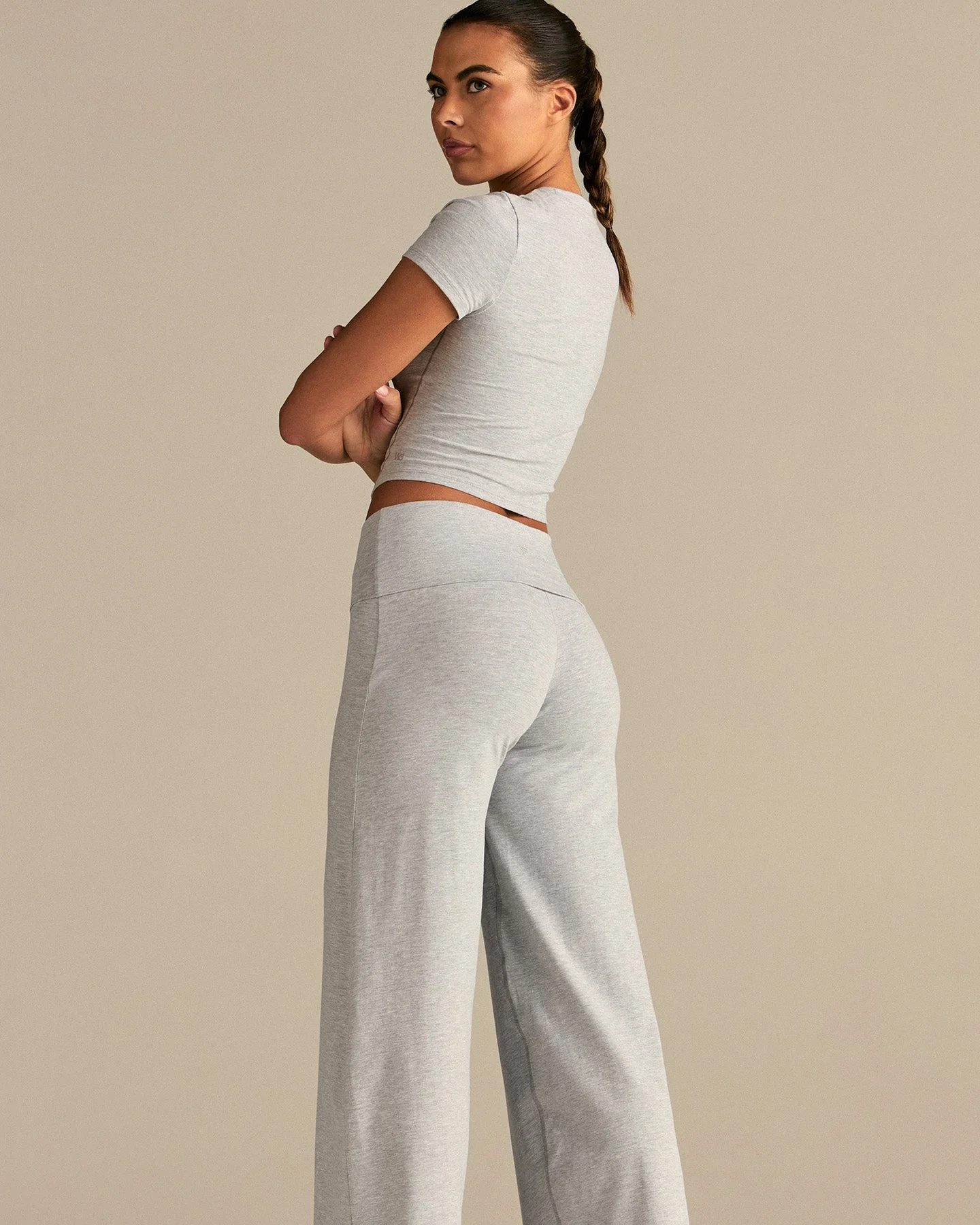 Cotton Contour Fold Over Straight Leg Pants | Grey Marl - Image 2