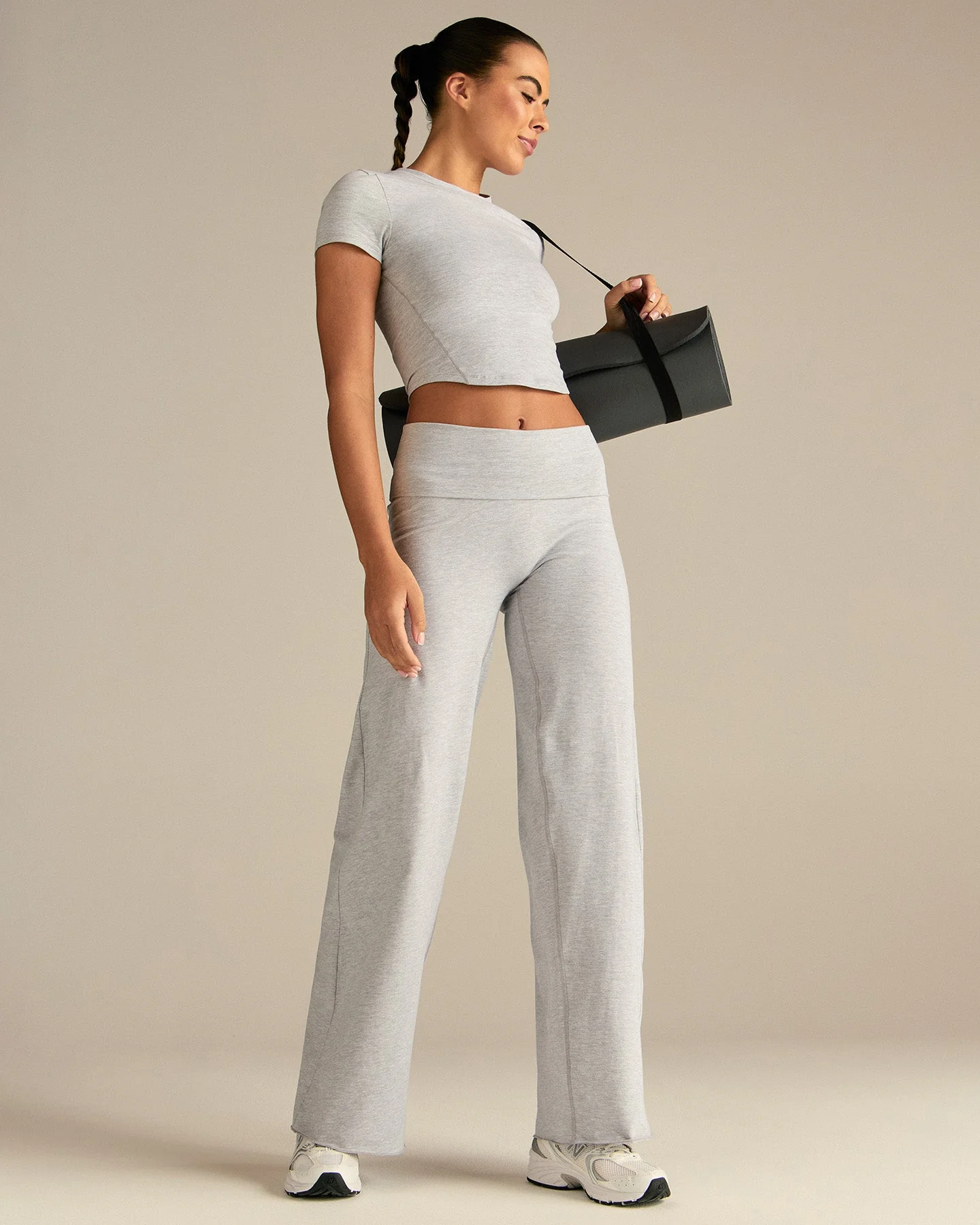 Cotton Contour Fold Over Straight Leg Pants | Grey Marl - Image 6
