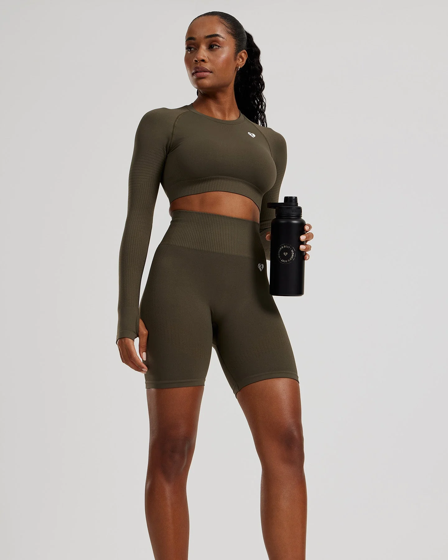 Power Long Sleeve Crop Top | Dark Olive - Image 6